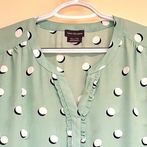 Van Heusen Ladies Blouse XL Teal Green with White and Black larger polka dots